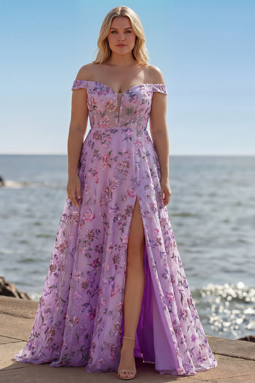 Floral Purple A Line Off the Shoulder Long Prom Dress with Sequins