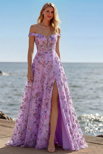Floral Purple A Line Off the Shoulder Long Prom Dress with Sequins