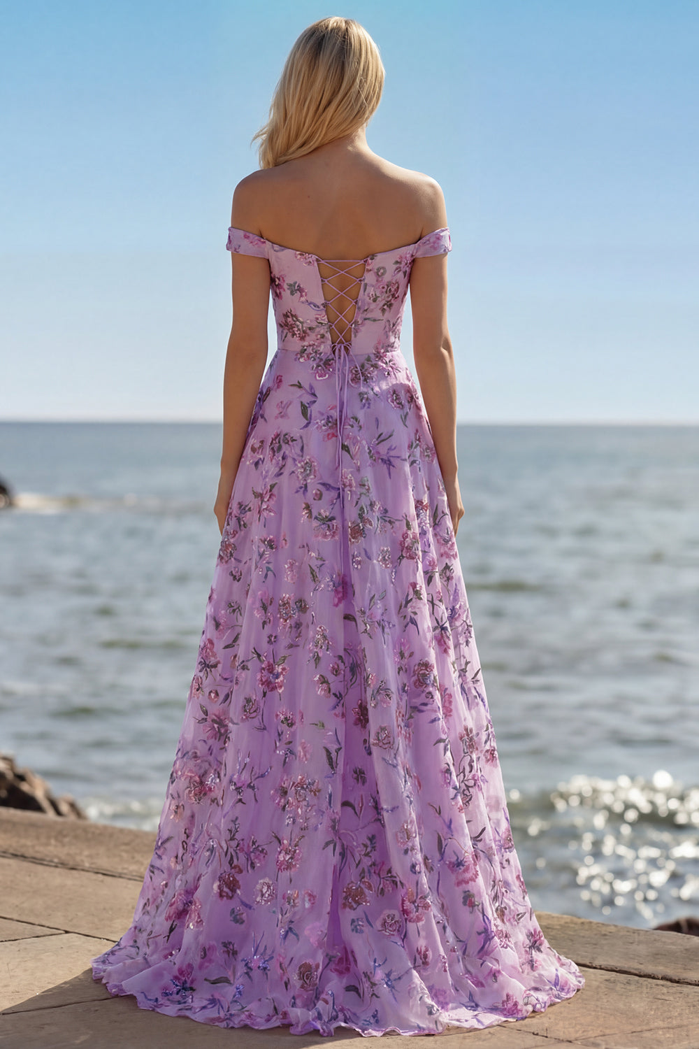 Floral Purple A Line Off the Shoulder Long Prom Dress with Sequins