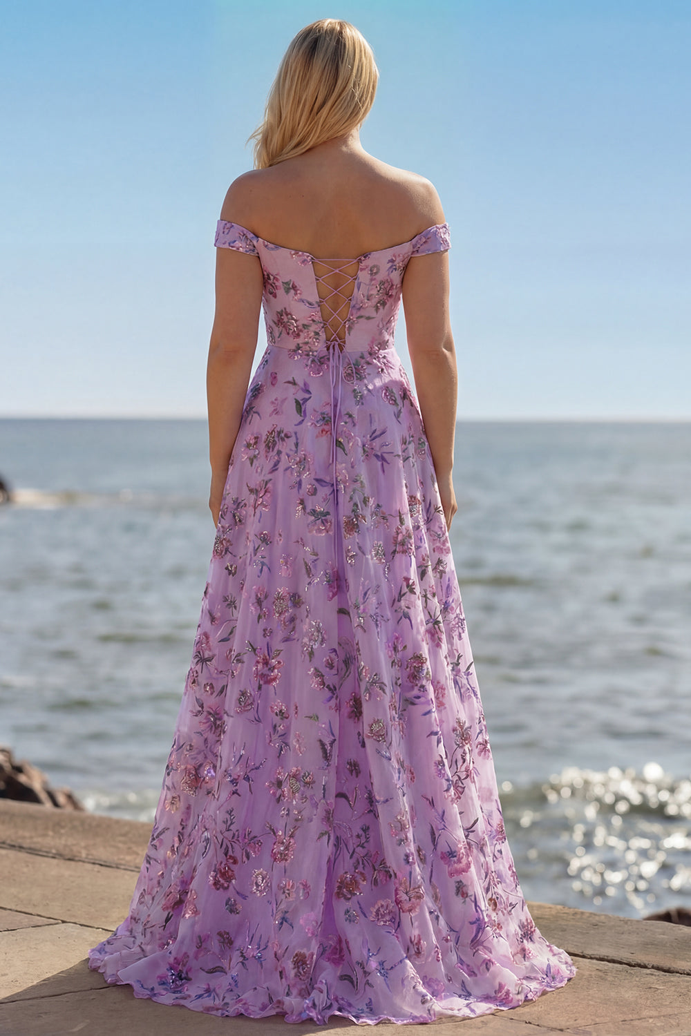 Floral Purple A Line Off the Shoulder Long Prom Dress with Sequins
