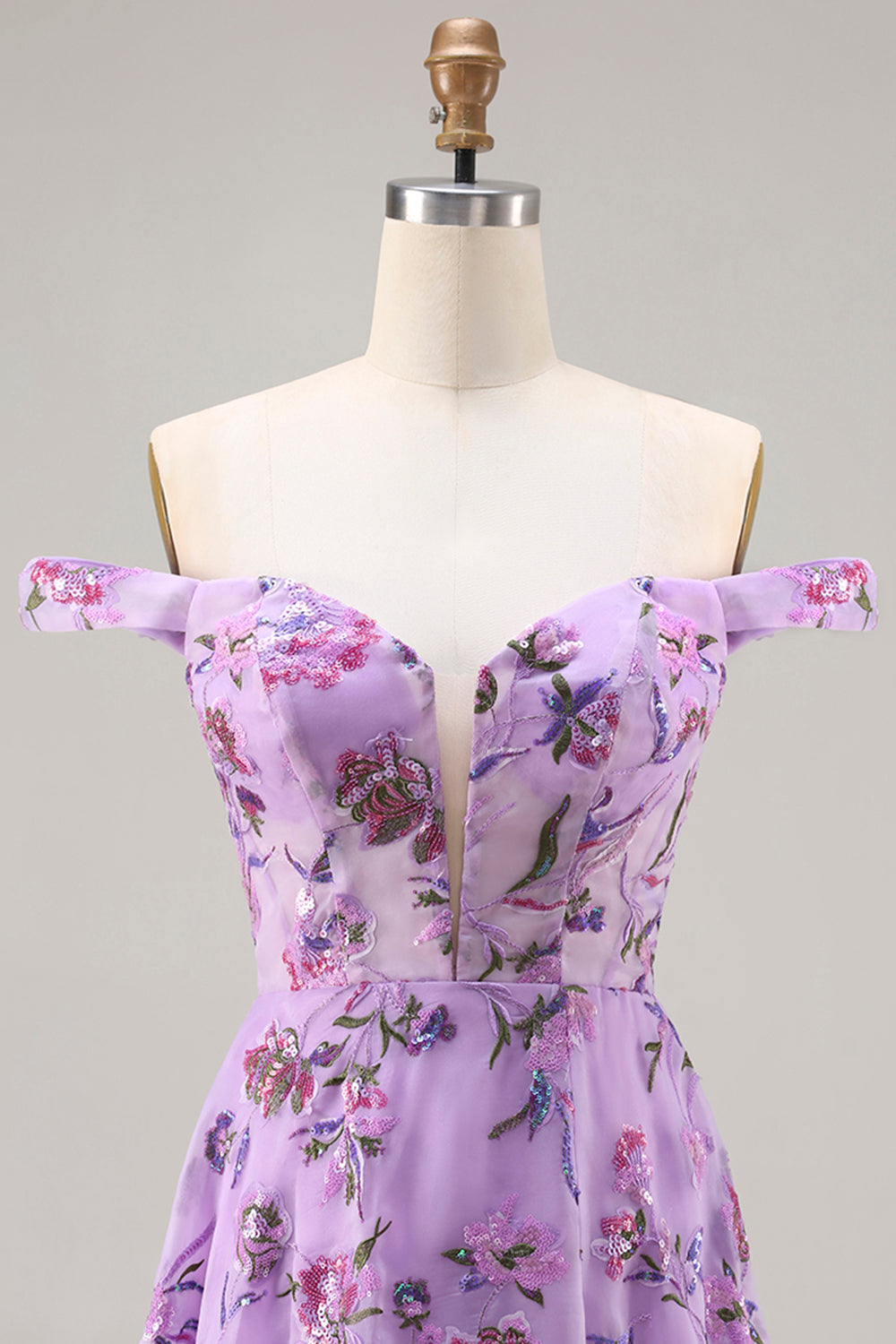Floral Purple A Line Off the Shoulder Long Prom Dress with Sequins