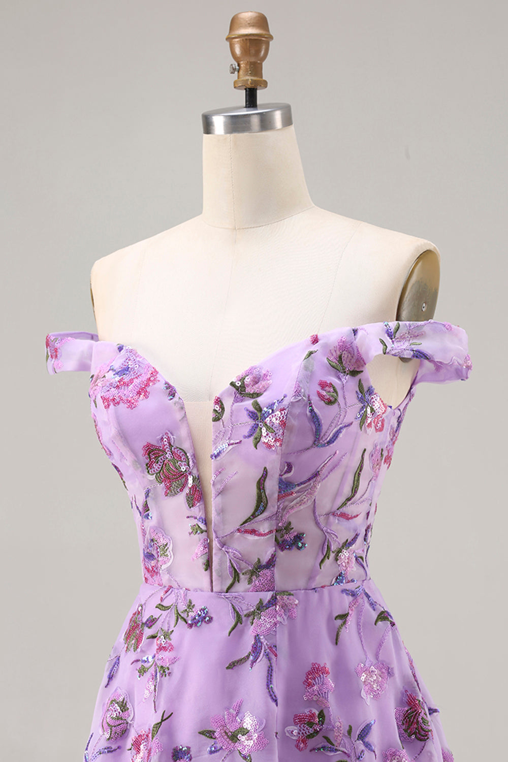 Floral Purple A Line Off the Shoulder Long Prom Dress with Sequins