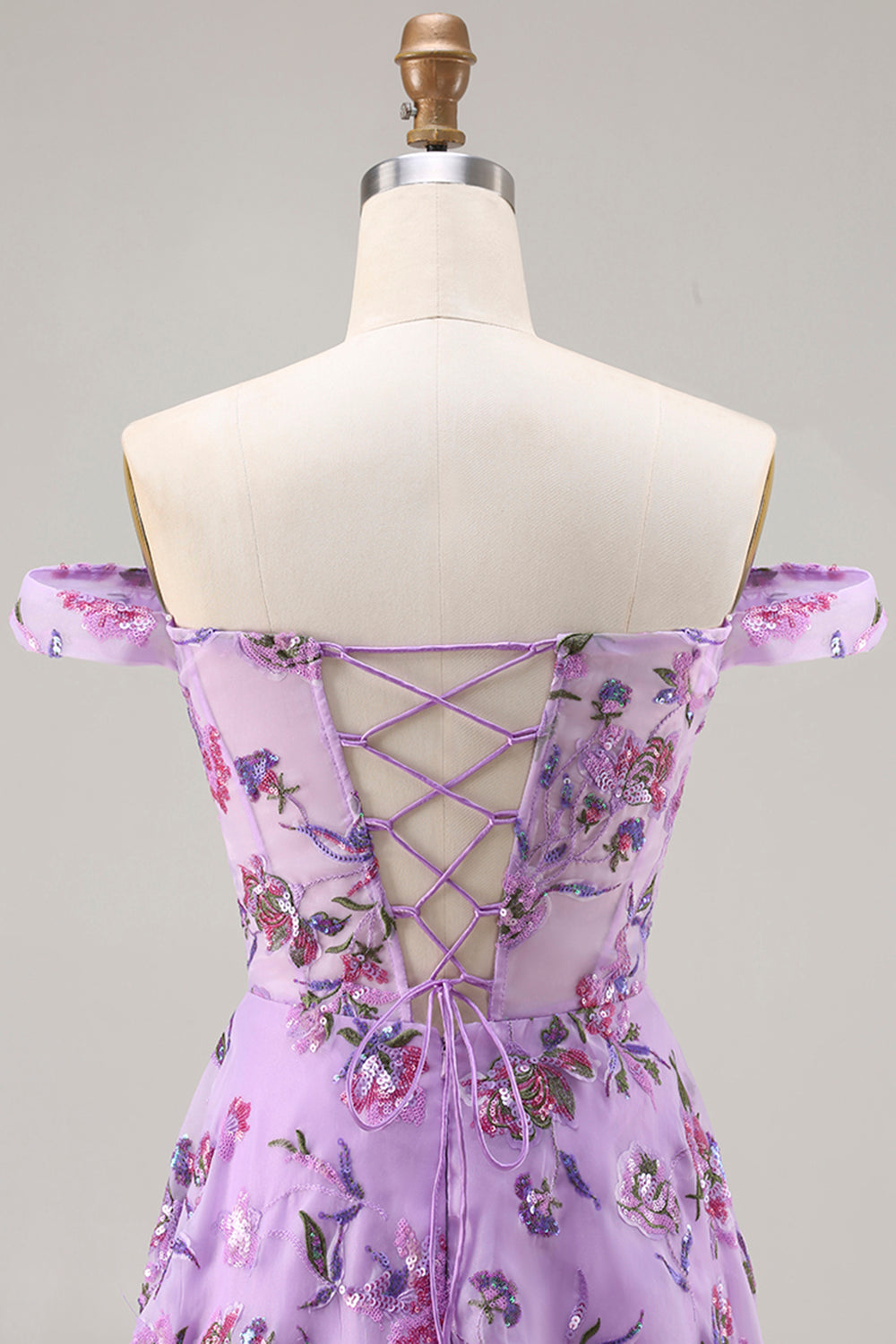 Floral Purple A Line Off the Shoulder Long Prom Dress with Sequins
