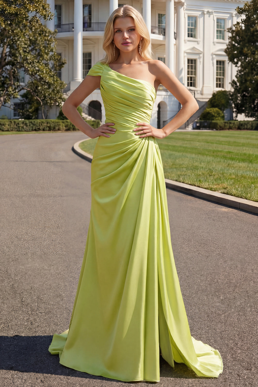 Green One Shoulder Sheath Long Prom Dress with Slit