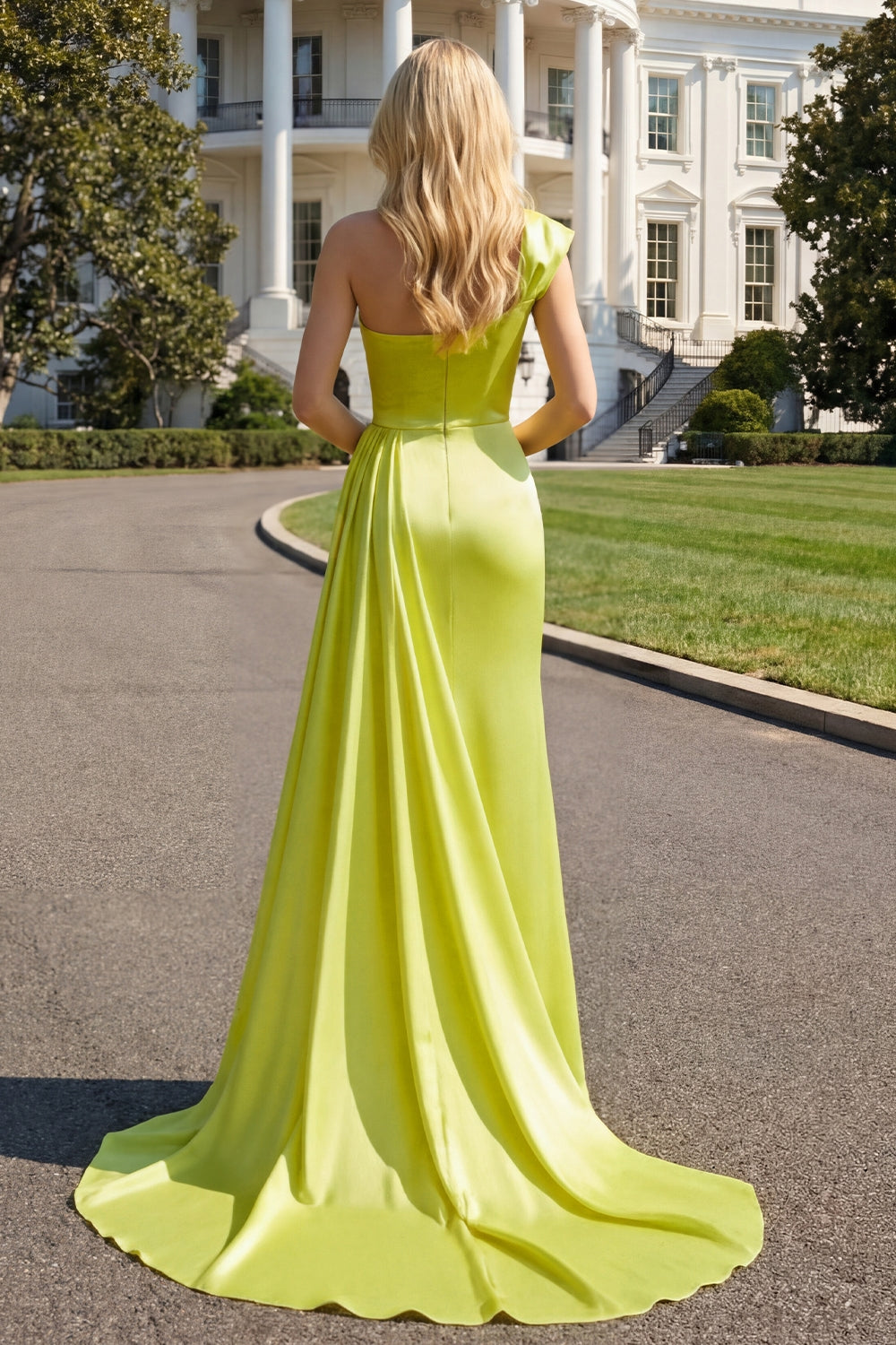 Green One Shoulder Sheath Long Prom Dress with Slit