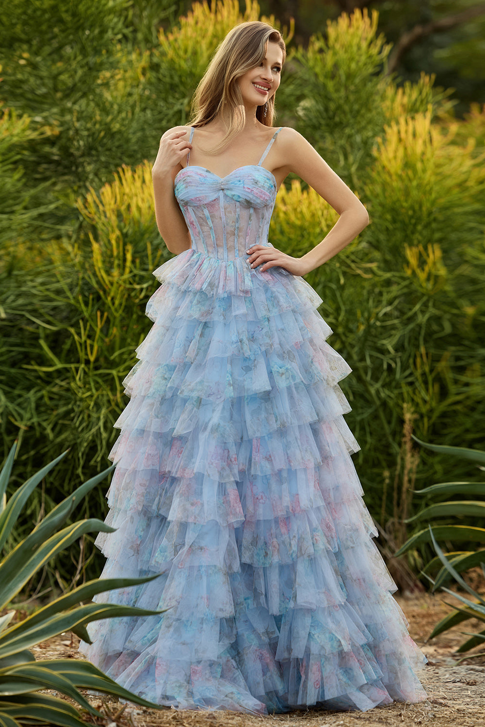 Floral Blue A Line Chiffon Tiered Long Corset Prom Dress with Slit