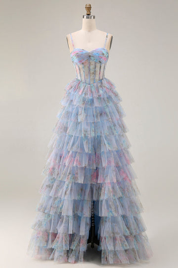 Floral Blue A Line Chiffon Tiered Long Corset Prom Dress with Slit