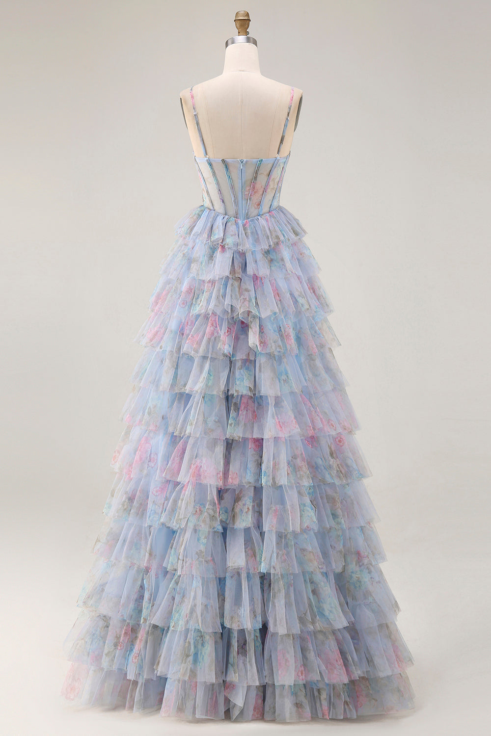 Floral Blue A Line Chiffon Tiered Long Corset Prom Dress with Slit