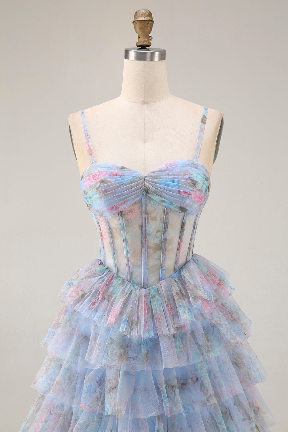 Floral Blue A Line Chiffon Tiered Long Corset Prom Dress with Slit