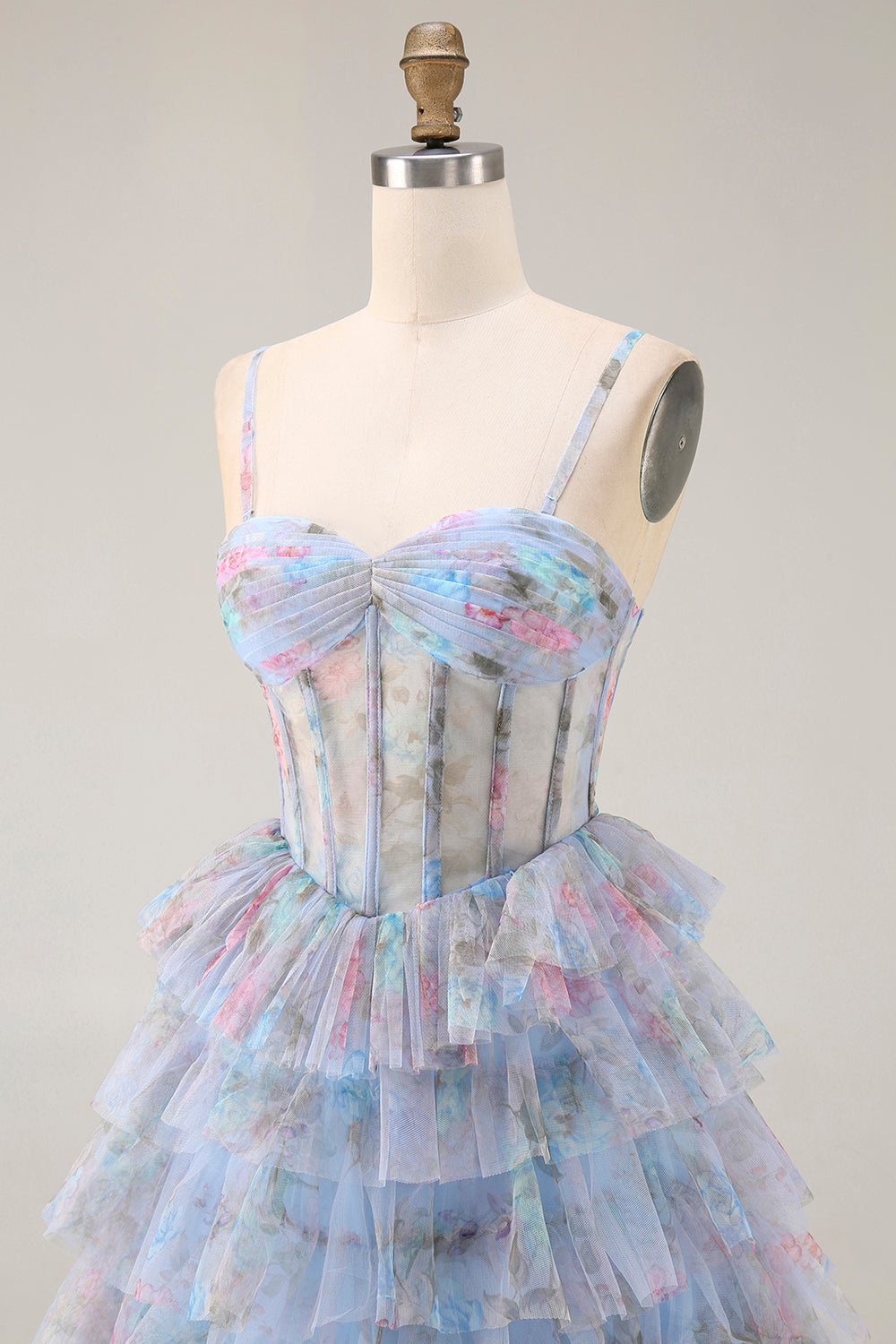 Floral Blue A Line Chiffon Tiered Long Corset Prom Dress with Slit