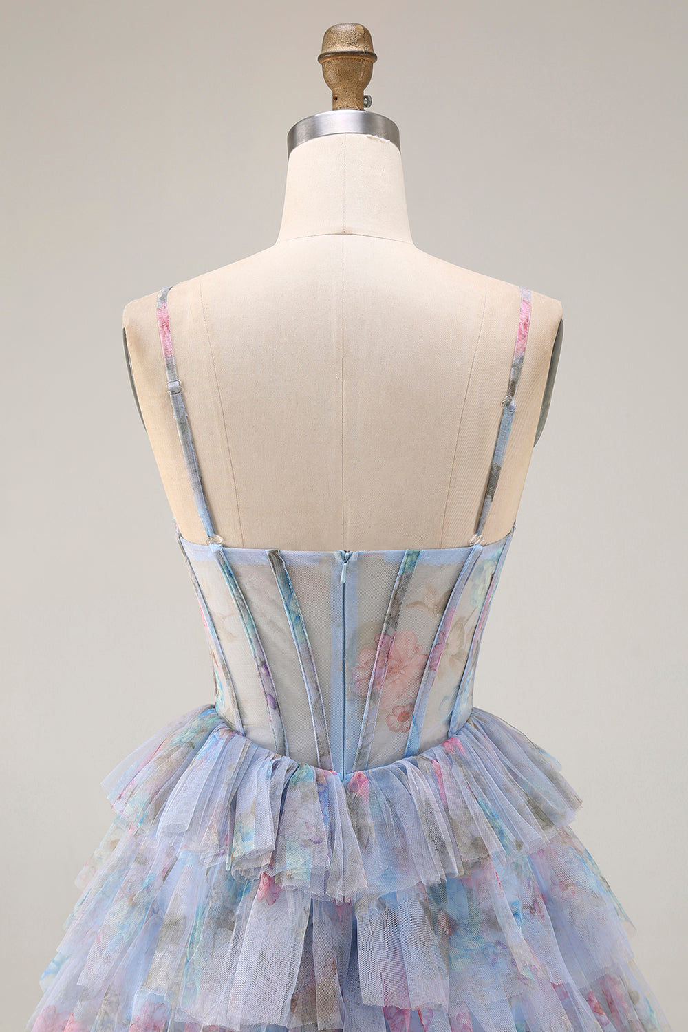 Floral Blue A Line Chiffon Tiered Long Corset Prom Dress with Slit