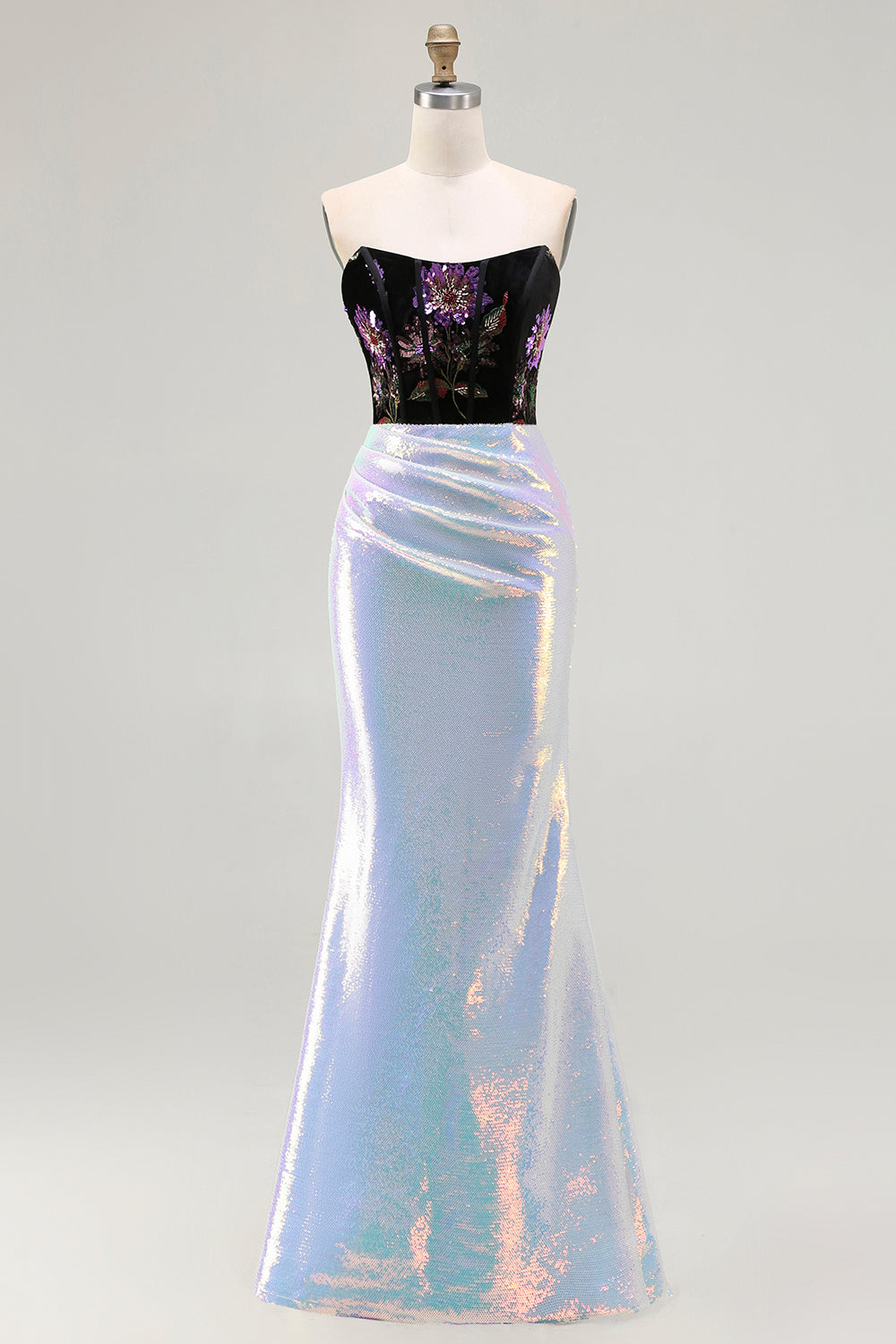 Sparkly Black Lilac Floral Corset Mermaid Glitter Long Prom Dress