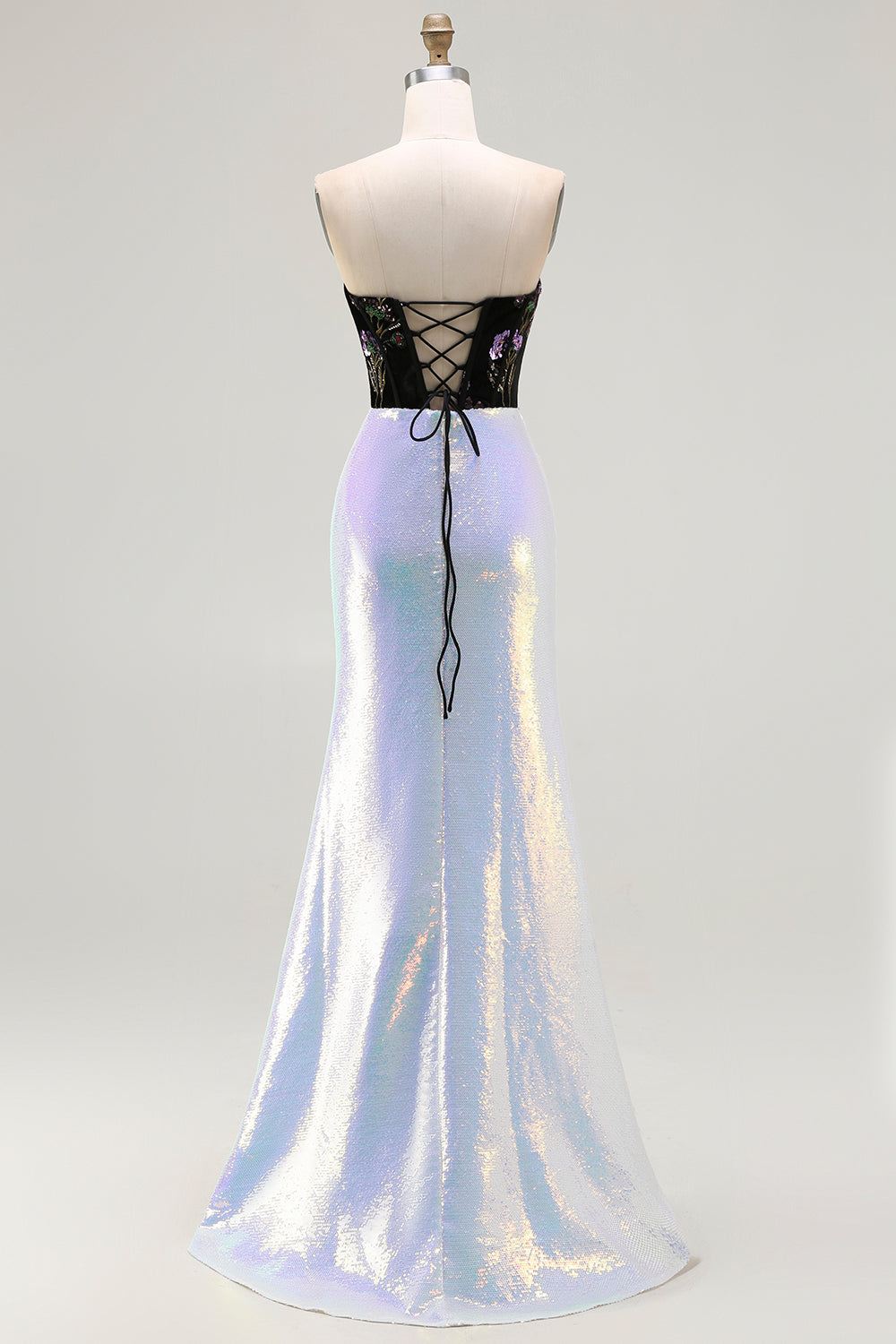 Sparkly Black Lilac Floral Corset Mermaid Glitter Long Prom Dress