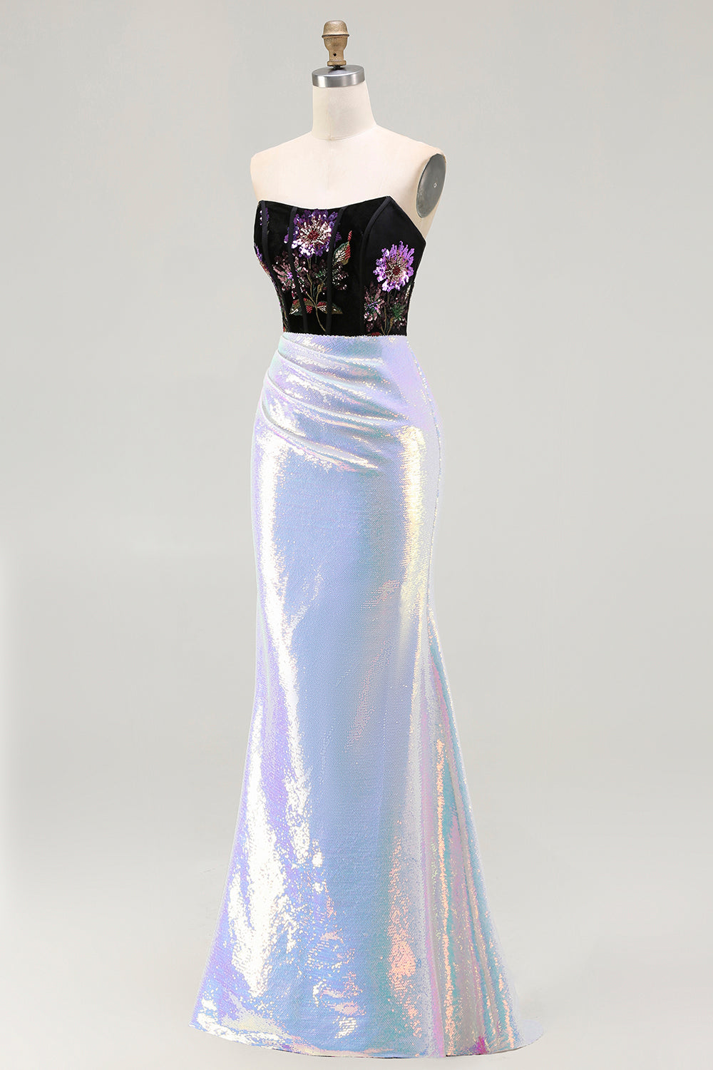 Sparkly Black Lilac Floral Corset Mermaid Glitter Long Prom Dress