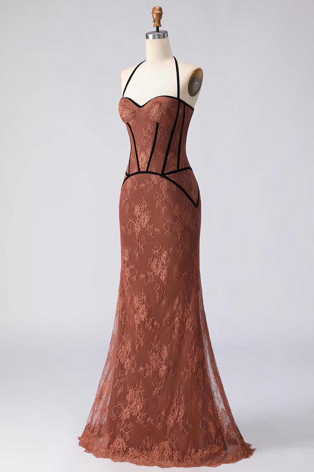 Brown Lace Mermaid Halter Long Corset Prom Dress