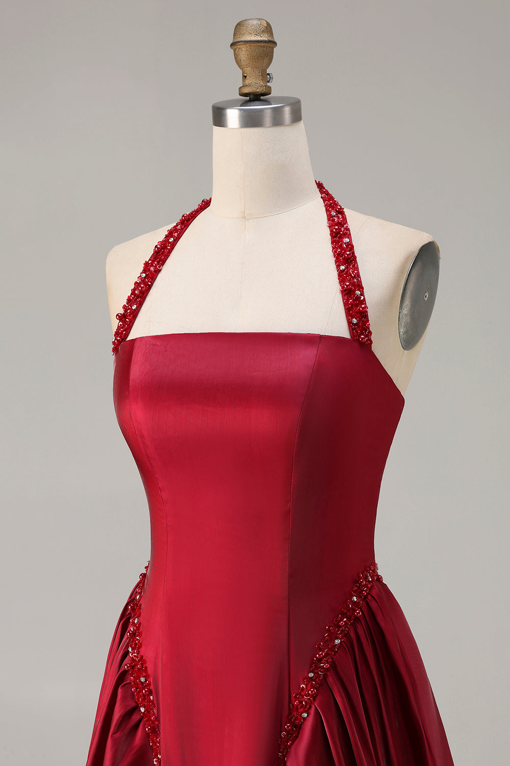 Sparkly Burgundy A-Line Satin Halter Long Prom Dress with Sequin
