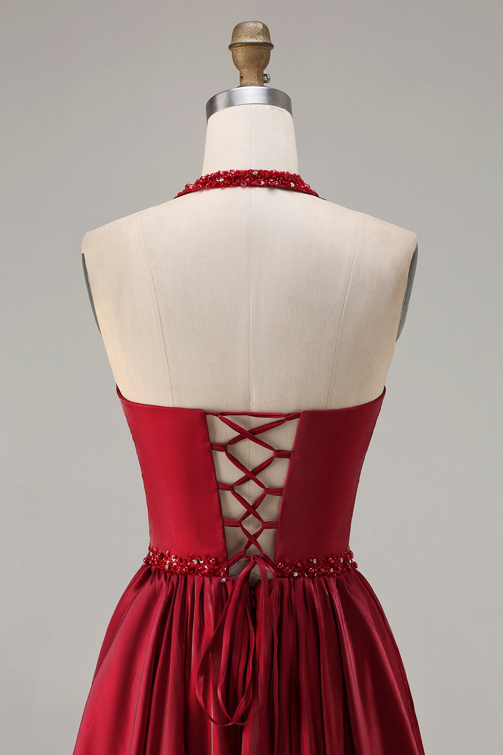 Sparkly Burgundy A-Line Satin Halter Long Prom Dress with Sequin
