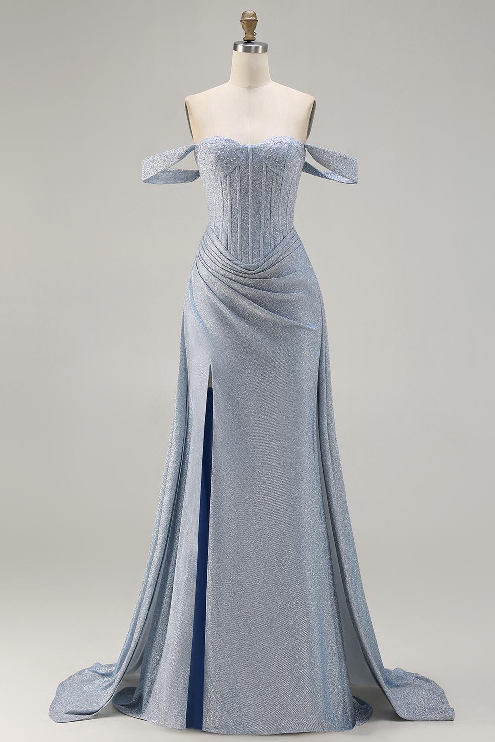 Dusty Blue Off the Shoulder Ruched Long Corset Prom Dress with Slit