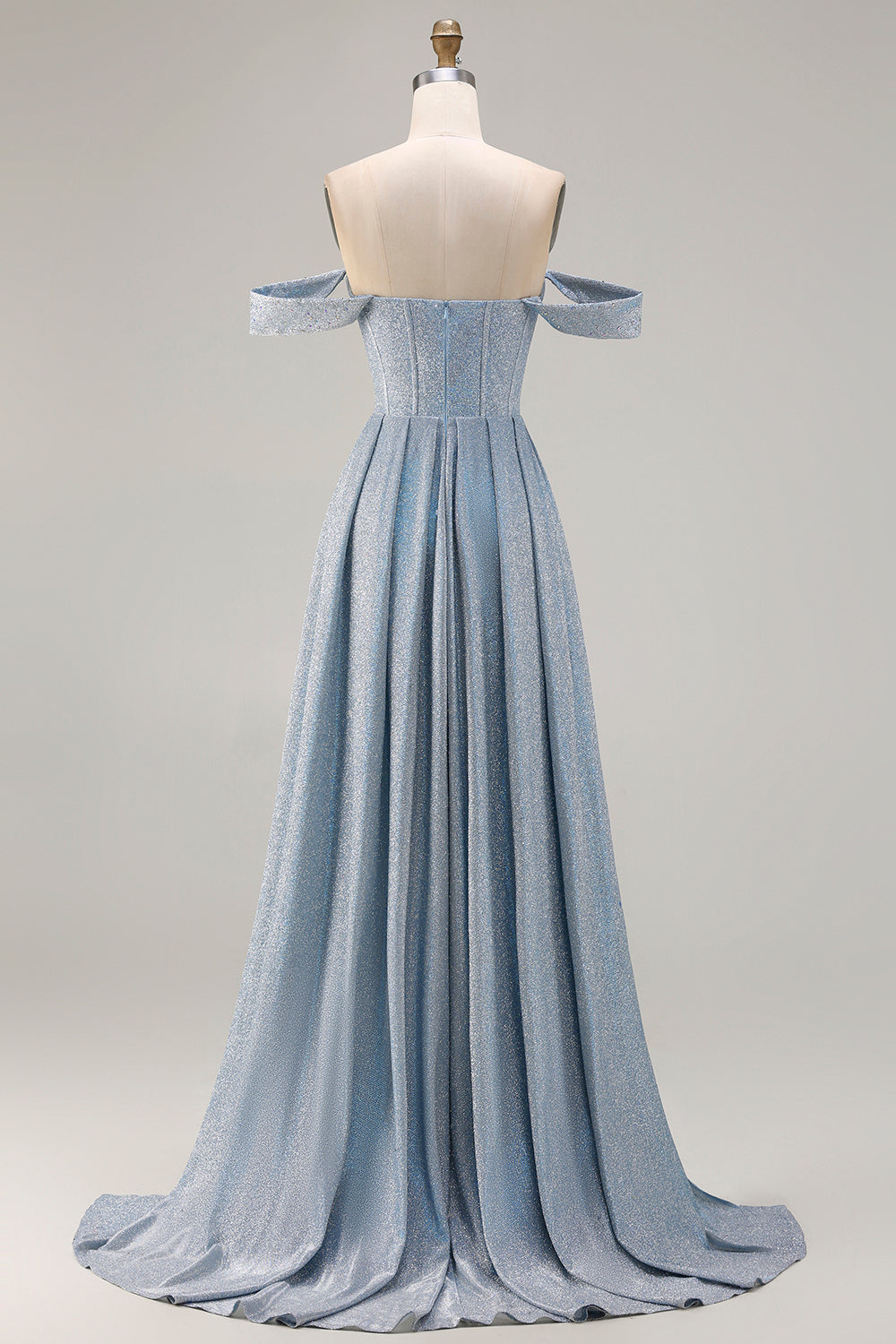 Dusty Blue Off the Shoulder Ruched Long Corset Prom Dress with Slit