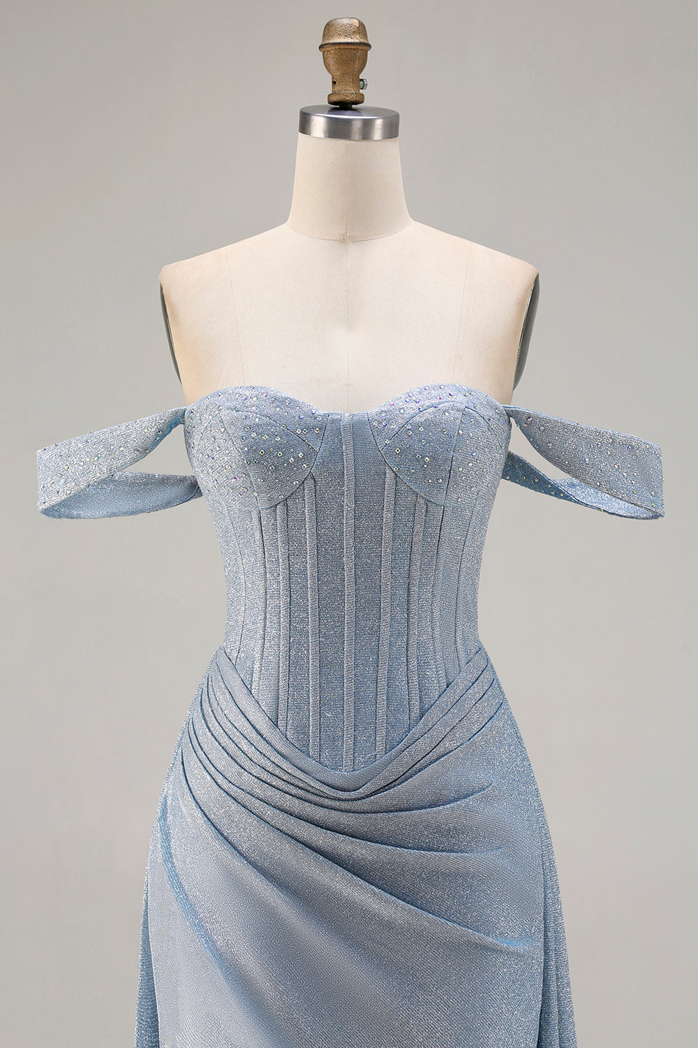 Dusty Blue Off the Shoulder Ruched Long Corset Prom Dress with Slit
