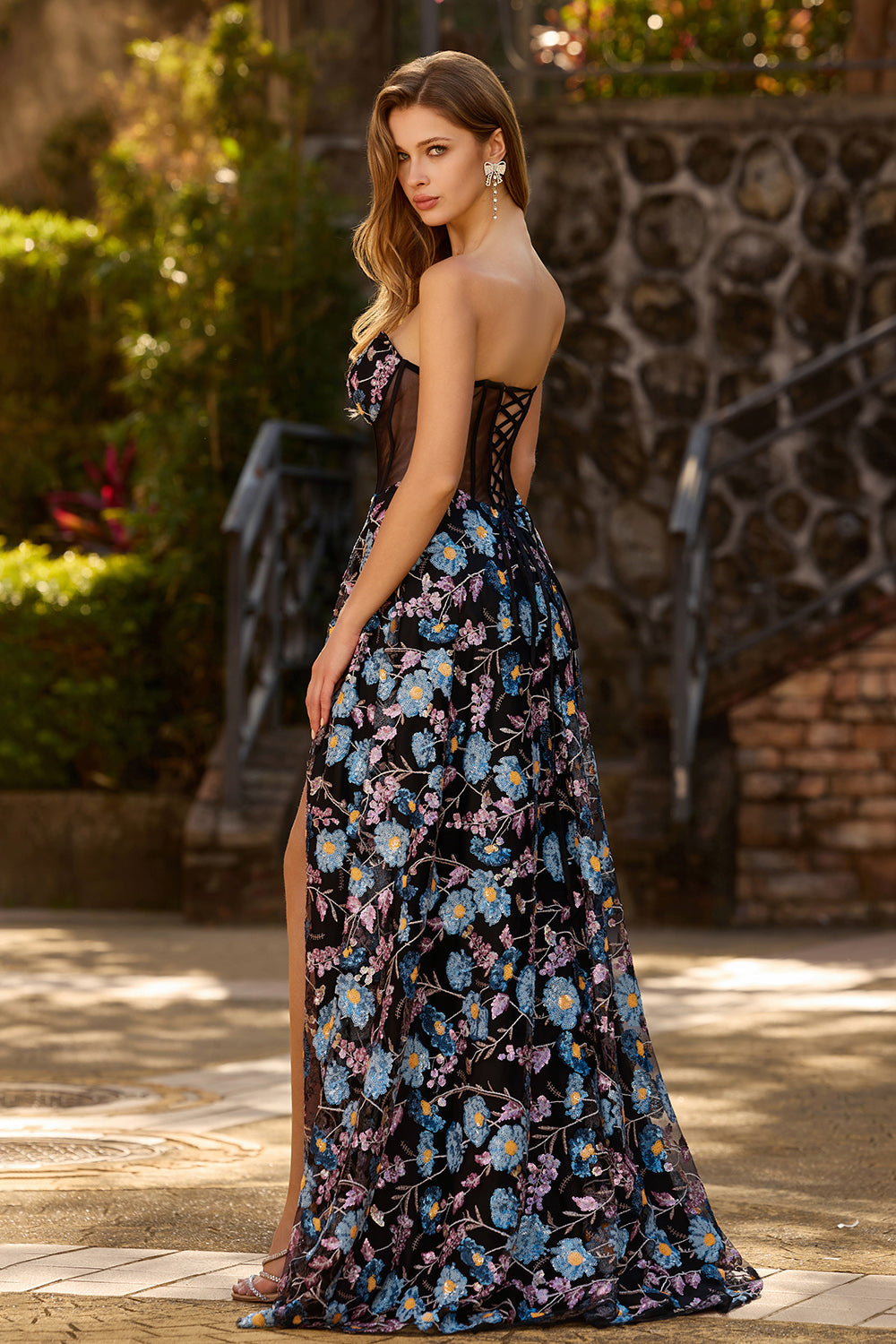 Floral Black A-Line Strapless Long Corset Prom Dress