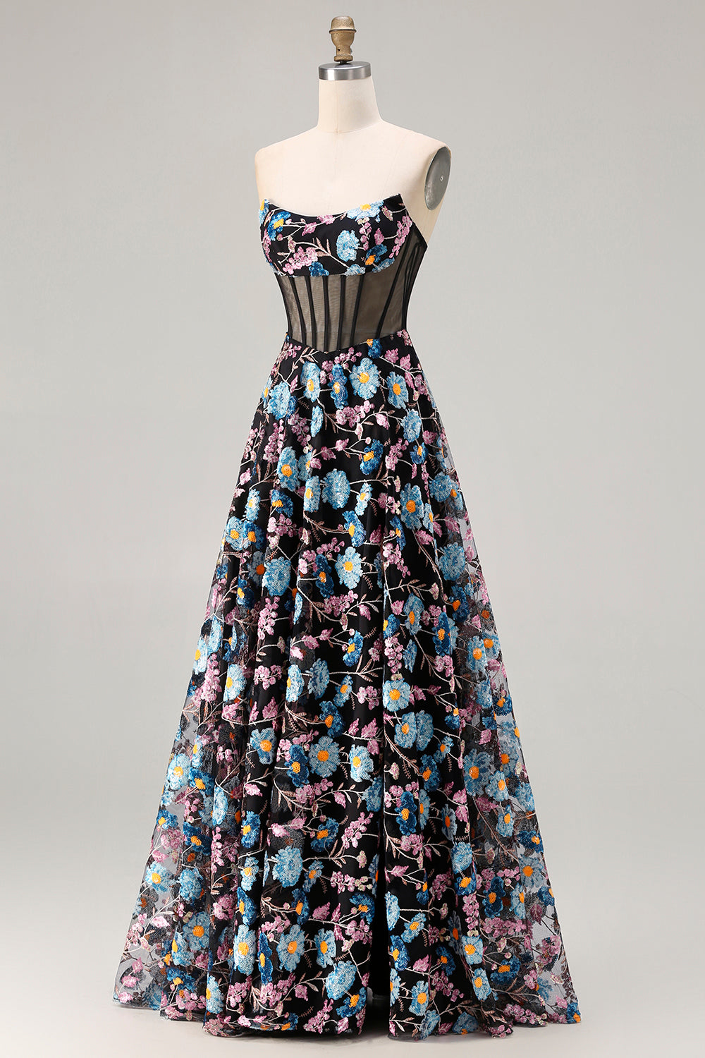 Floral Black A-Line Strapless Long Corset Prom Dress