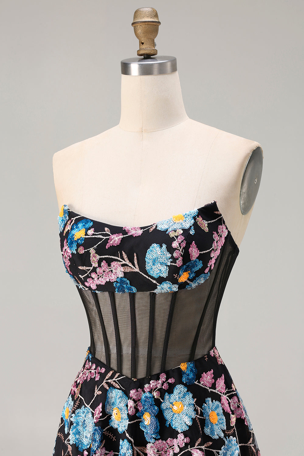 Floral Black A-Line Strapless Long Corset Prom Dress