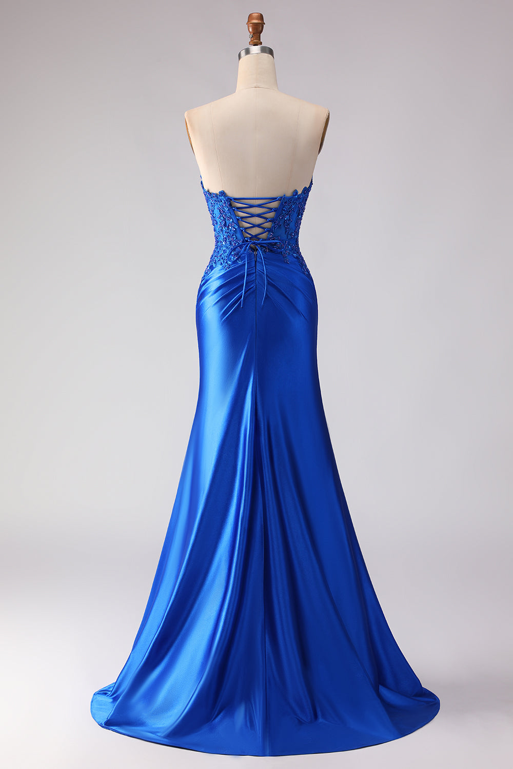 Royal Blue Satin Mermaid Beaded Long  Prom Dress with Slit