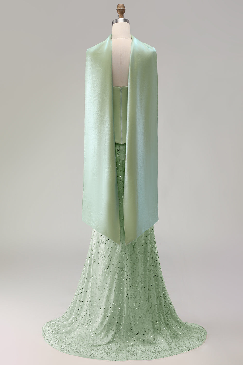 Sparkly Sage Green Neck Scarf Mermaid Long Prom Dress with Beading