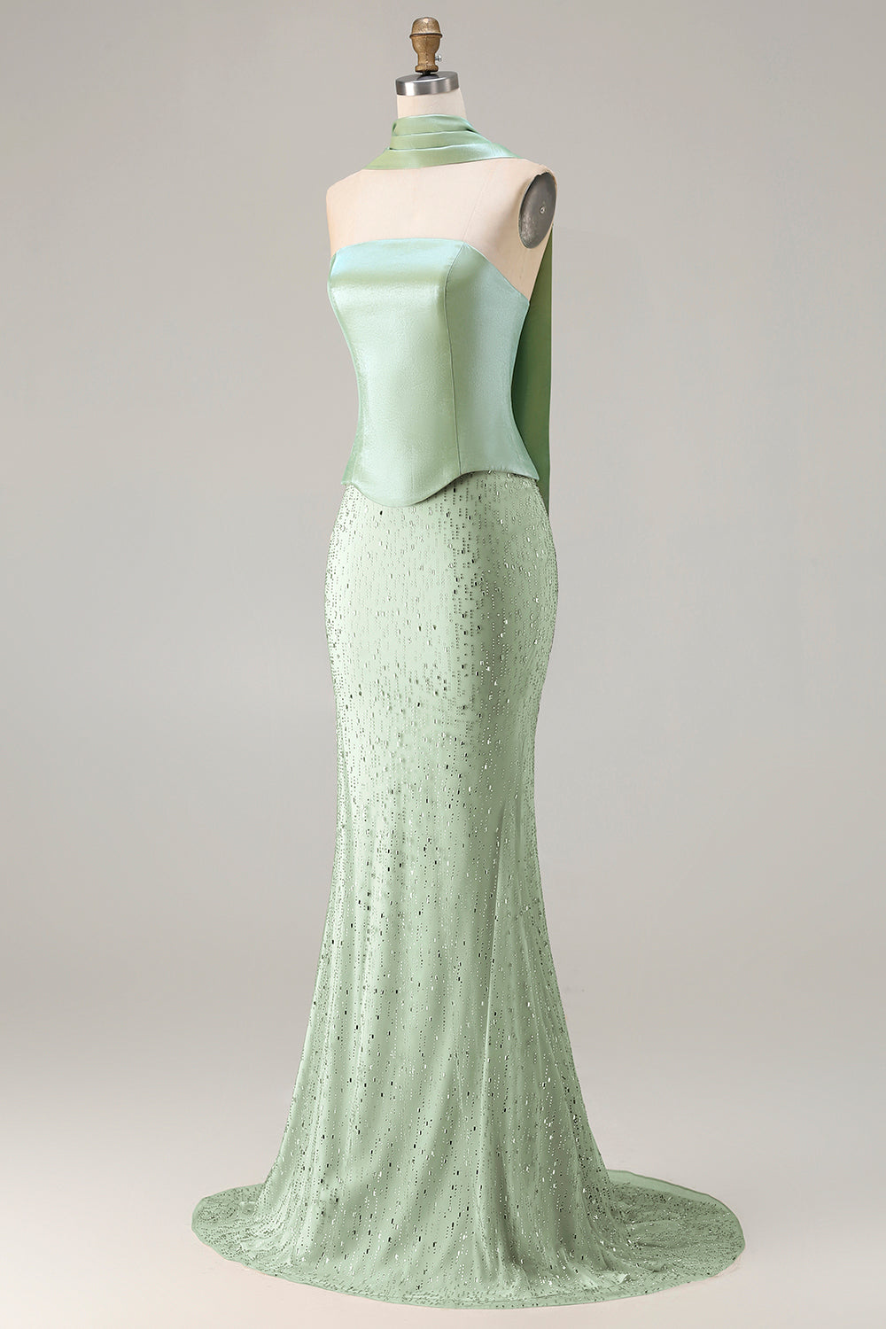 Sparkly Sage Green Neck Scarf Mermaid Long Prom Dress with Beading