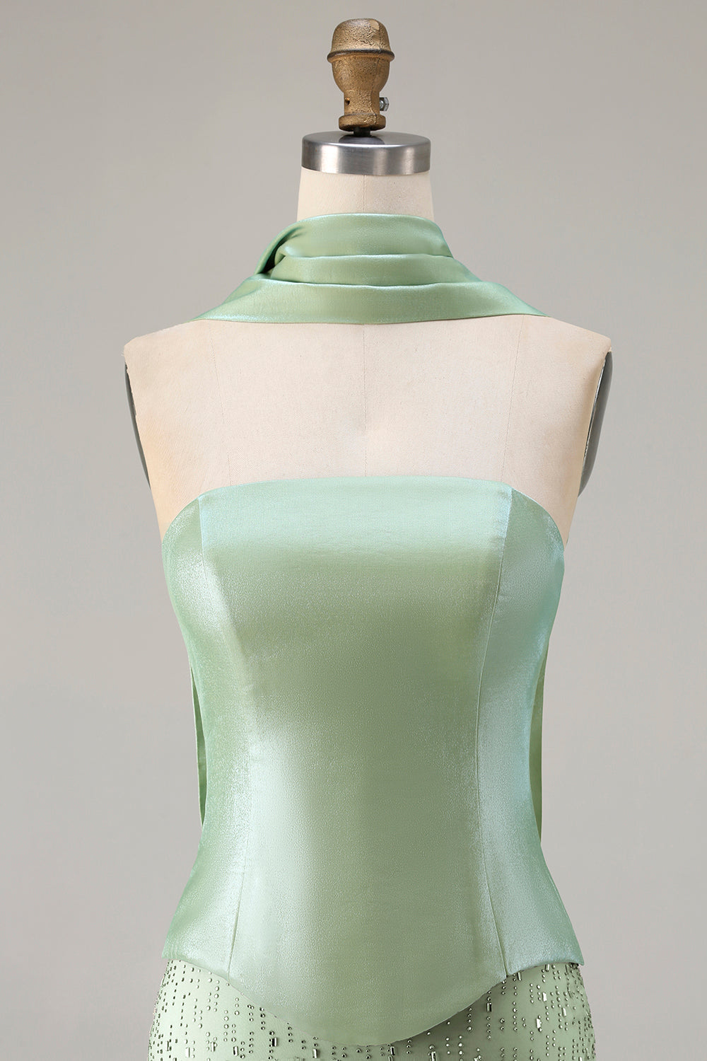 Sparkly Sage Green Neck Scarf Mermaid Long Prom Dress with Beading
