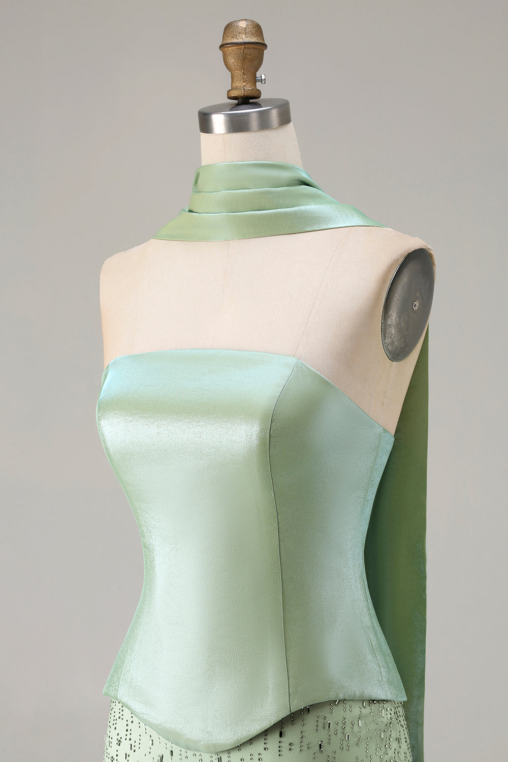 Sparkly Sage Green Neck Scarf Mermaid Long Prom Dress with Beading