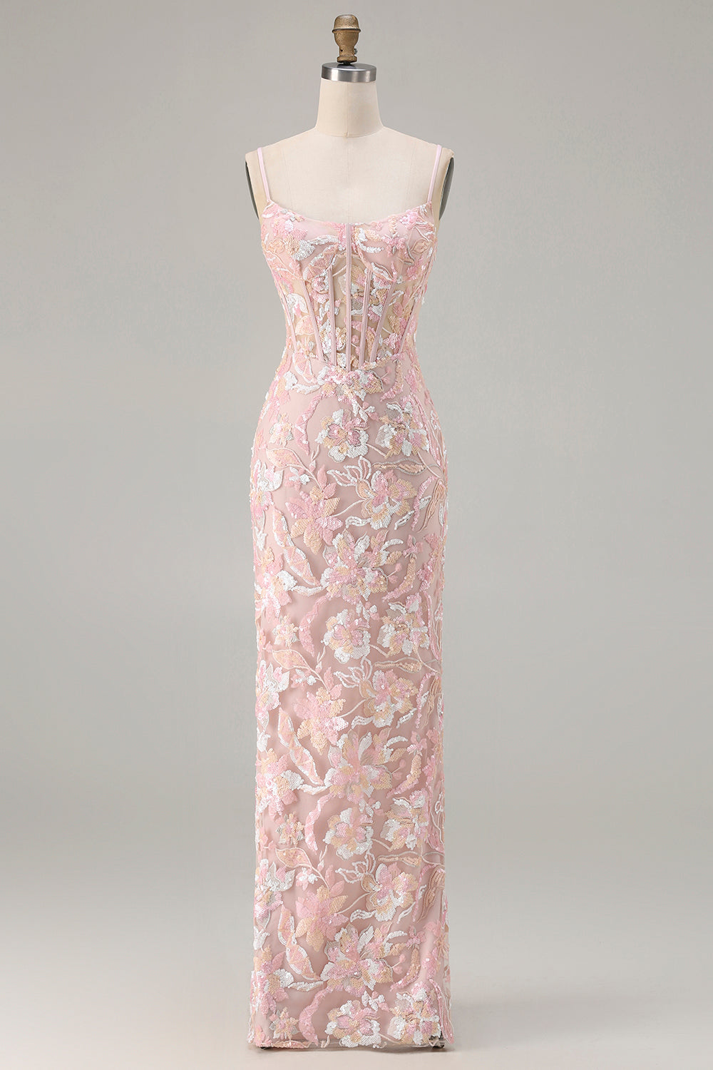 Plus Size Sparkly Floral Blush Pink Sequin Spaghetti Straps Long Corset Prom Dress
