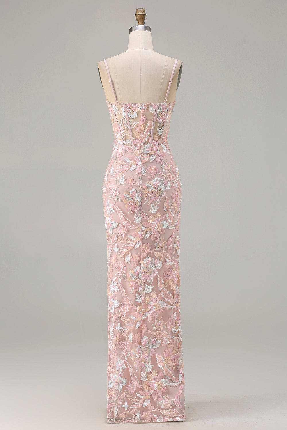 Sparkly Floral Blush Pink Sequin Spaghetti Straps Long Corset Prom Dress