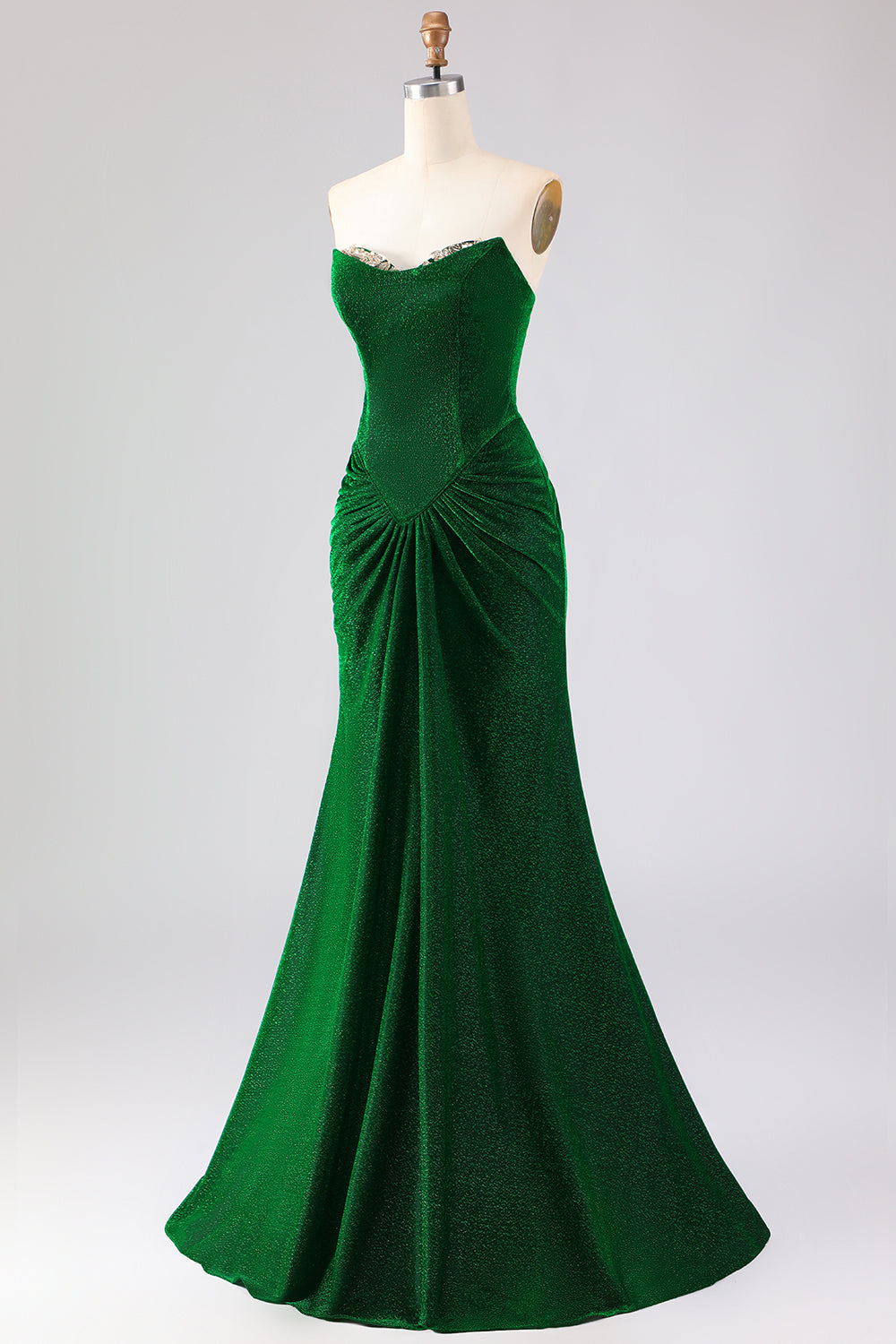 Sparkly Dark Green Mermaid Ruched Long Prom Dress with Rhinestone