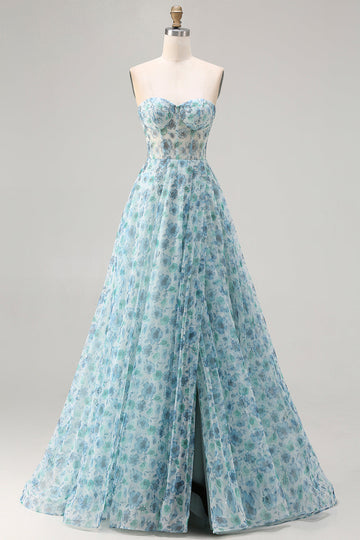 Sparkly Blue Floral Chiffon Beaded Long Corset Prom Dress with Slit