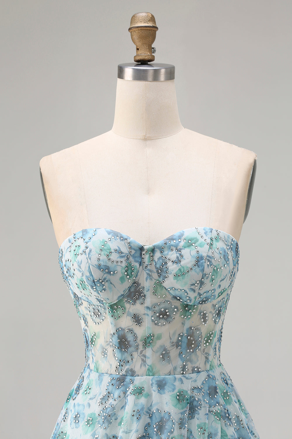 Sparkly Blue Floral Chiffon Beaded Long Corset Prom Dress with Slit