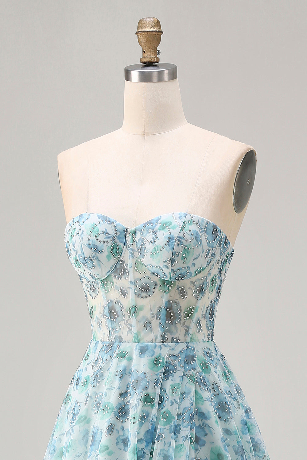 Sparkly Blue Floral Chiffon Beaded Long Corset Prom Dress with Slit