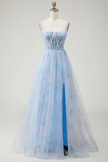 Blue Floral Spaghetti Straps Corset Long Prom Dress with Slit