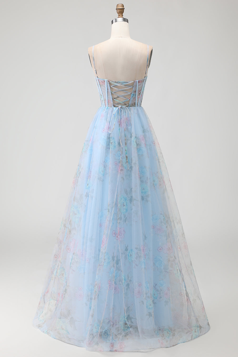 Blue Floral Spaghetti Straps Corset Long Prom Dress with Slit
