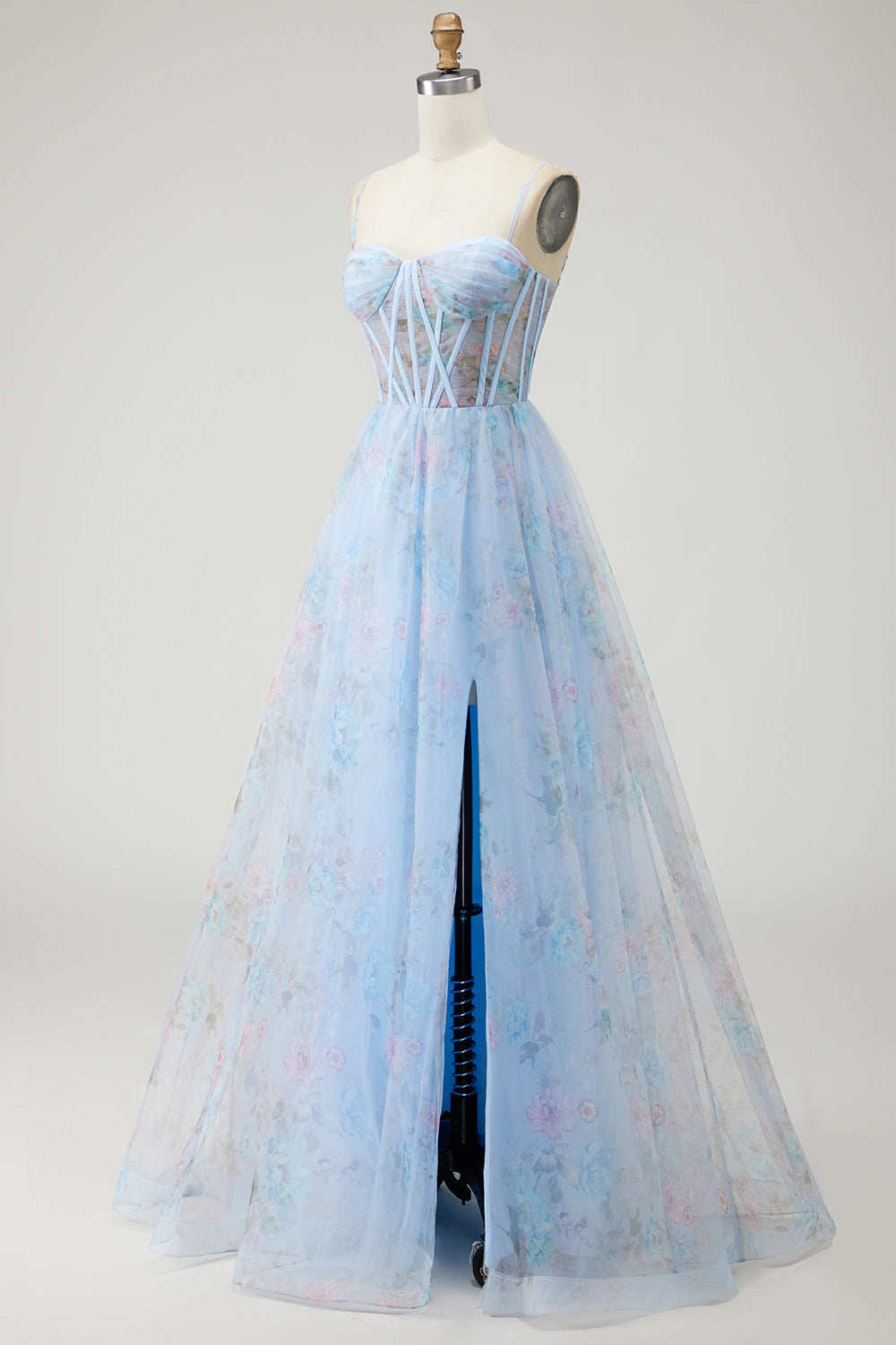 Blue Floral Spaghetti Straps Corset Long Prom Dress with Slit