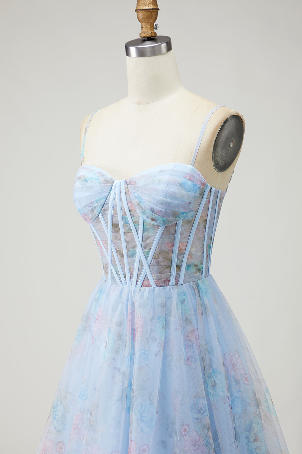 Blue Floral Spaghetti Straps Corset Long Prom Dress with Slit