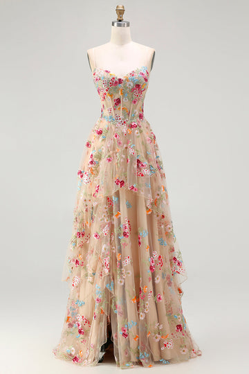 Sparkly Champagne Flowers Corset A-Line Long Prom Dress