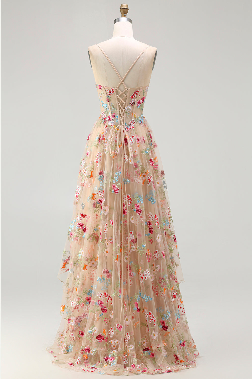 Sparkly Champagne Flowers Corset A-Line Long Prom Dress