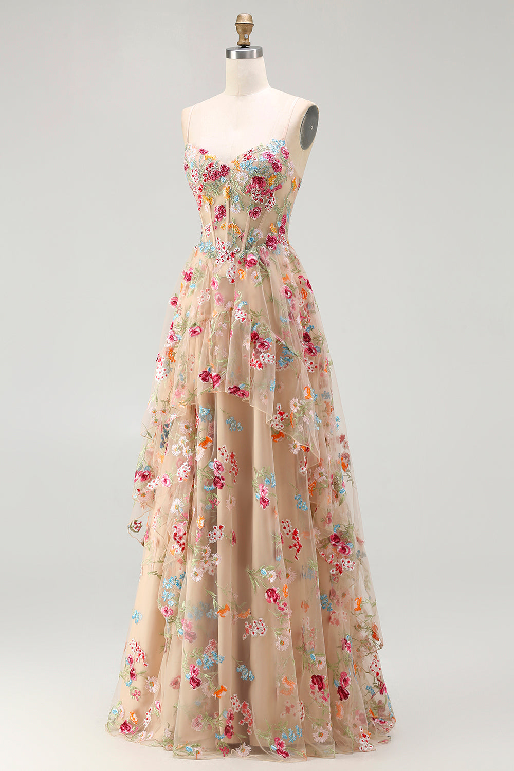 Sparkly Champagne Flowers Corset A-Line Long Prom Dress