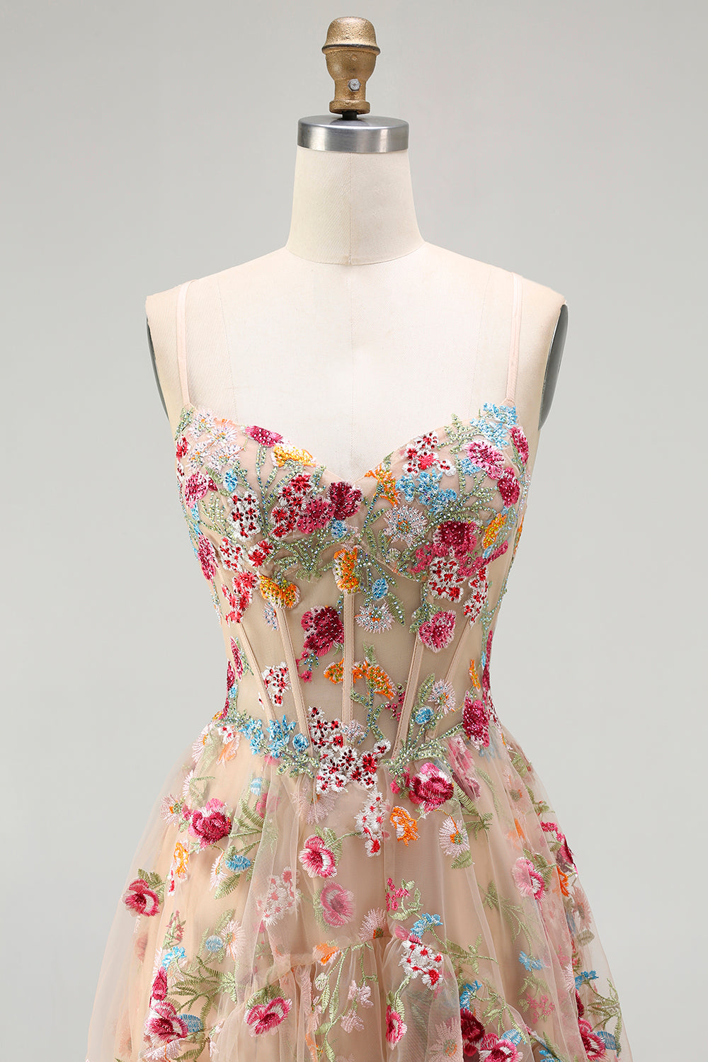 Sparkly Champagne Flowers Corset A-Line Long Prom Dress