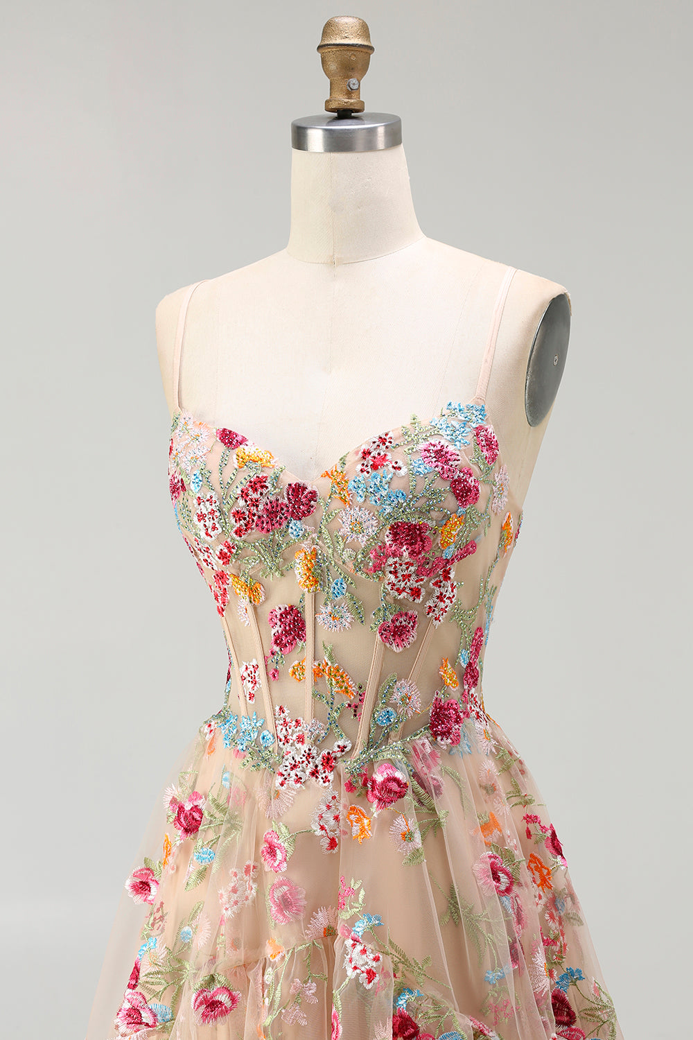 Sparkly Champagne Flowers Corset A-Line Long Prom Dress