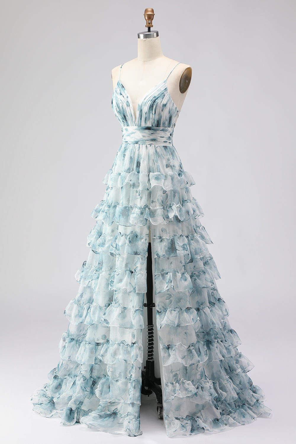 Blue Ruffled A-Line Tiered Long Prom Dress with Slit