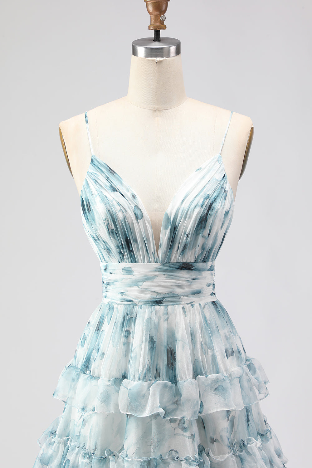 Blue Ruffled A-Line Tiered Long Prom Dress with Slit