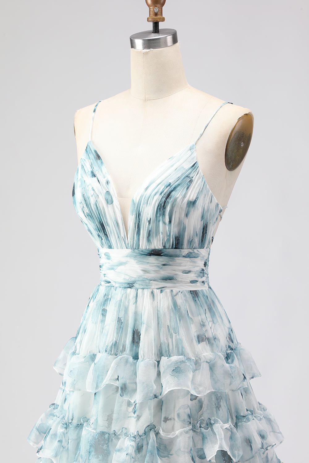 Blue Ruffled A-Line Tiered Long Prom Dress with Slit